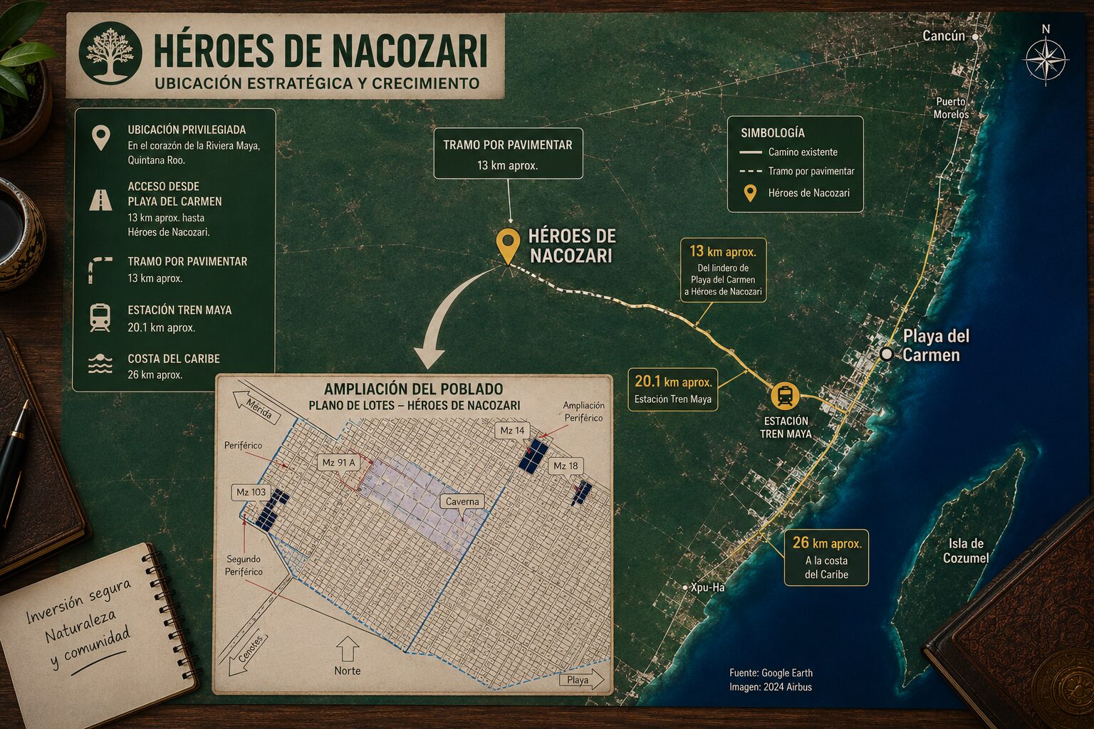 Mapa de ubicación de Héroes de Nacozari mostrando su relación con Playa del Carmen, la estación del Tren Maya y la Riviera Maya en Quintana Roo.