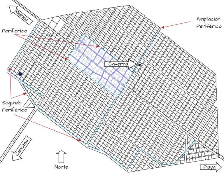 Plano de ubicación del Lote 11 mostrando su cercanía al segundo periférico, la diagonal de acceso y la zona de cenotes.
