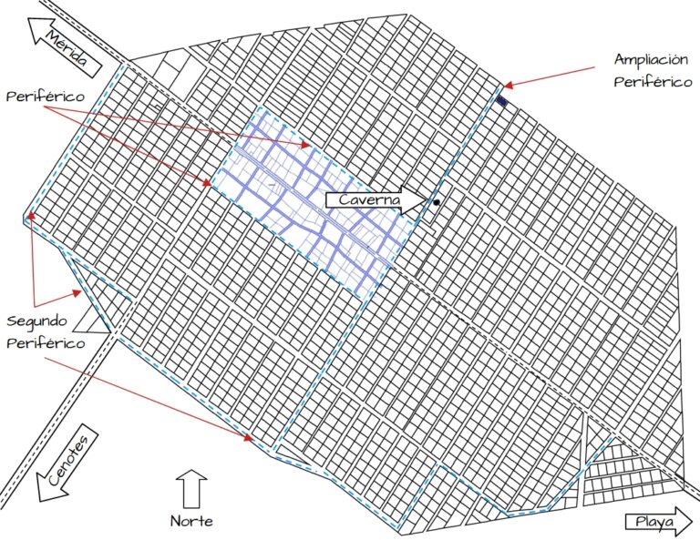 Plano de ubicación del lote 1 de la Manzana 14 frente a la ampliación del periférico y cerca del Cenote Caverna.
