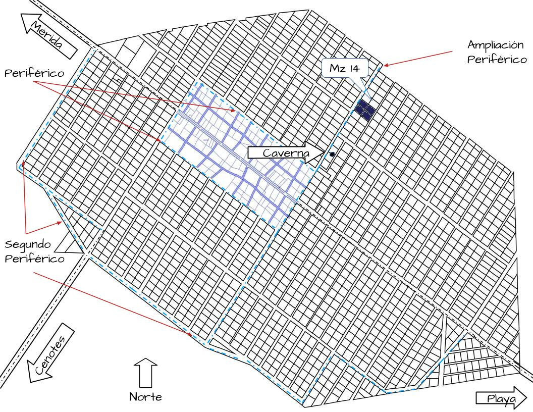 Plano de ubicación de una hectárea integrada por los lotes 7, 8, 17 y 18 de la Manzana 14 en la Zona Cenotes de Héroes de Nacozari.