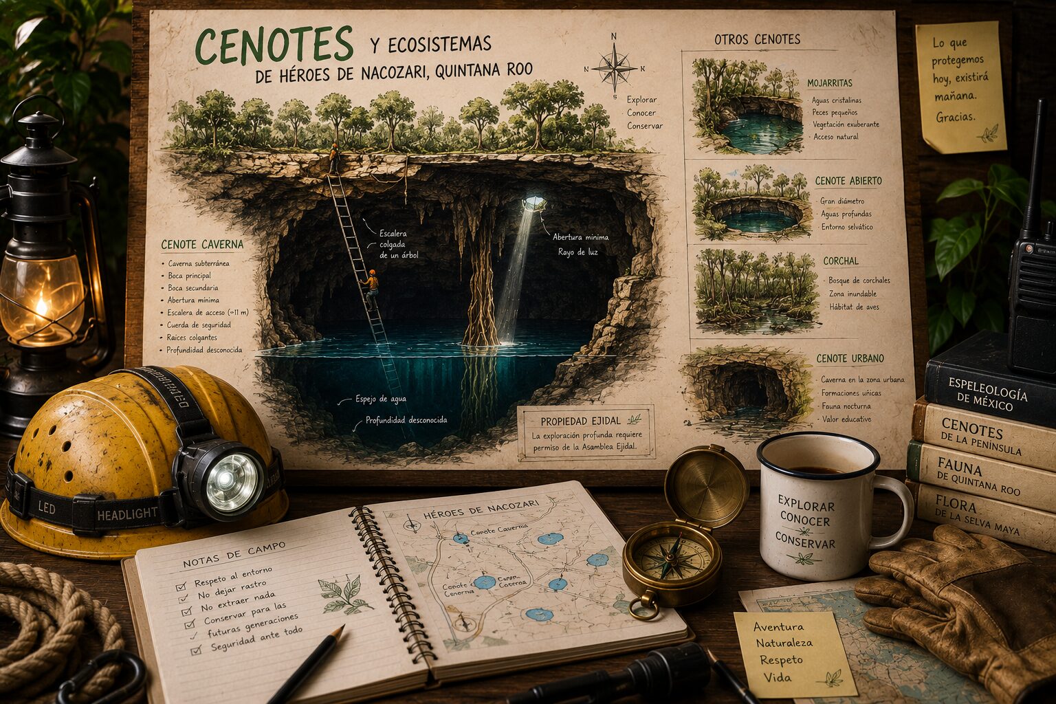 Ilustración técnica del Cenote Caverna y otros ecosistemas de Héroes de Nacozari, mostrando la relación entre selva, cenotes, acuífero subterráneo y exploración responsable.