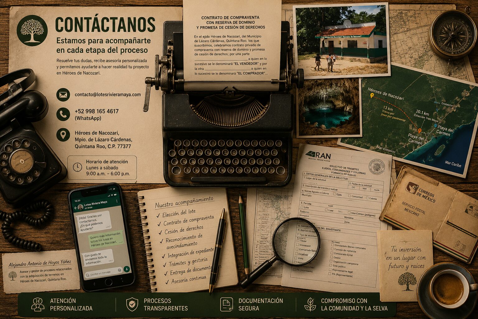 Mesa de trabajo con contrato, formatos agrarios, teléfono y herramientas de oficina que representan el acompañamiento personalizado en la compra de terrenos en Héroes de Nacozari.