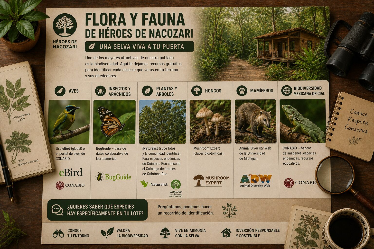 Infografía sobre la flora y fauna de Héroes de Nacozari con recursos para identificar aves, plantas, mamíferos, insectos y otras especies de Quintana Roo.
