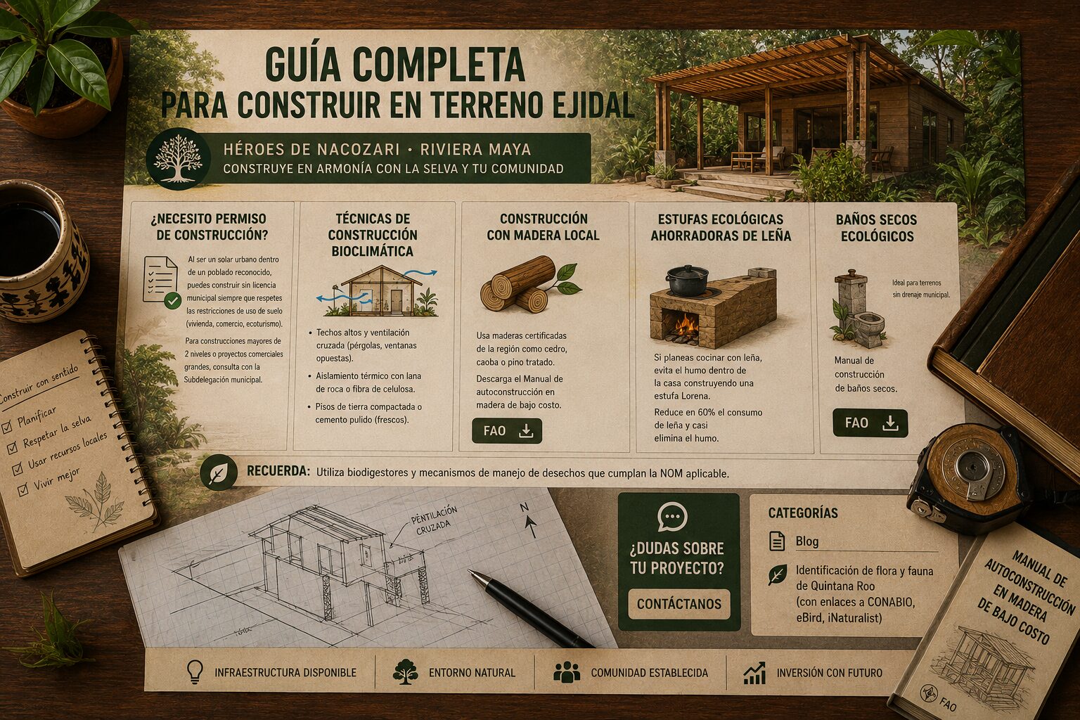 Infografía sobre construcción en terrenos ejidales de Héroes de Nacozari con recomendaciones de diseño bioclimático, baños secos, estufas ecológicas y uso de madera local.