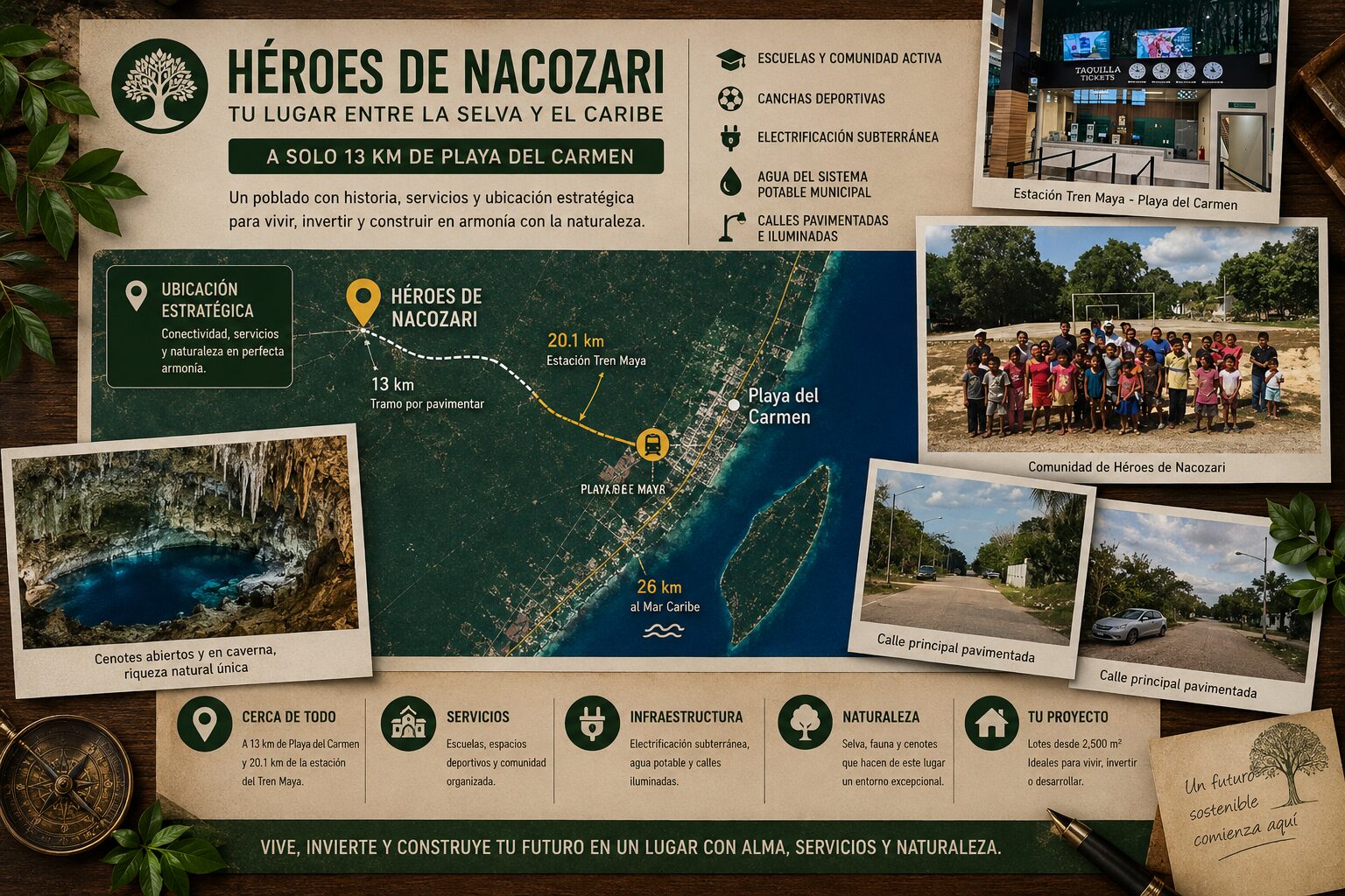 Mapa e infografía de Héroes de Nacozari que muestra su cercanía con Playa del Carmen, la estación del Tren Maya, infraestructura comunitaria y servicios disponibles en Quintana Roo.