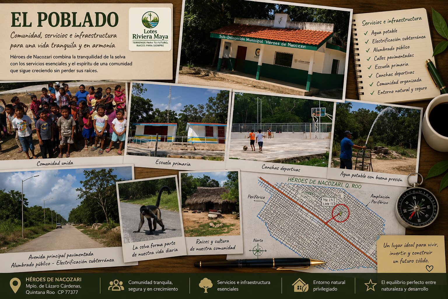 Comunidad de Héroes de Nacozari con escuela, instalaciones deportivas, alumbrado público, agua potable y entorno natural en Quintana Roo.