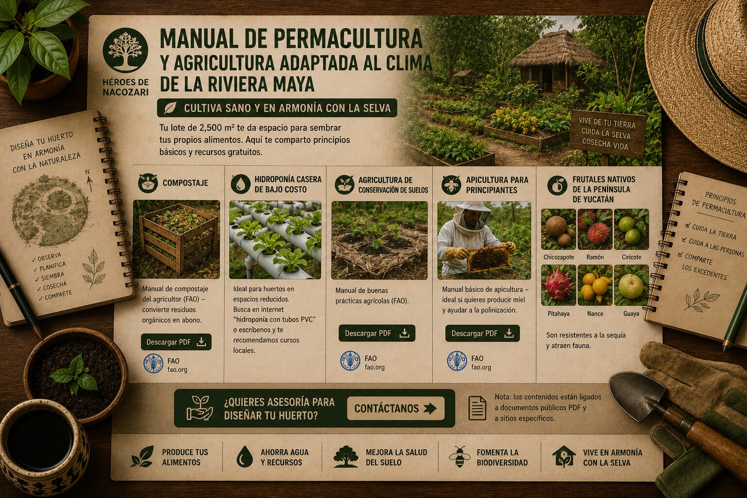 Infografía sobre permacultura en Héroes de Nacozari con técnicas de compostaje, hidroponía, apicultura y cultivo de frutales nativos adaptados al clima de Quintana Roo.
