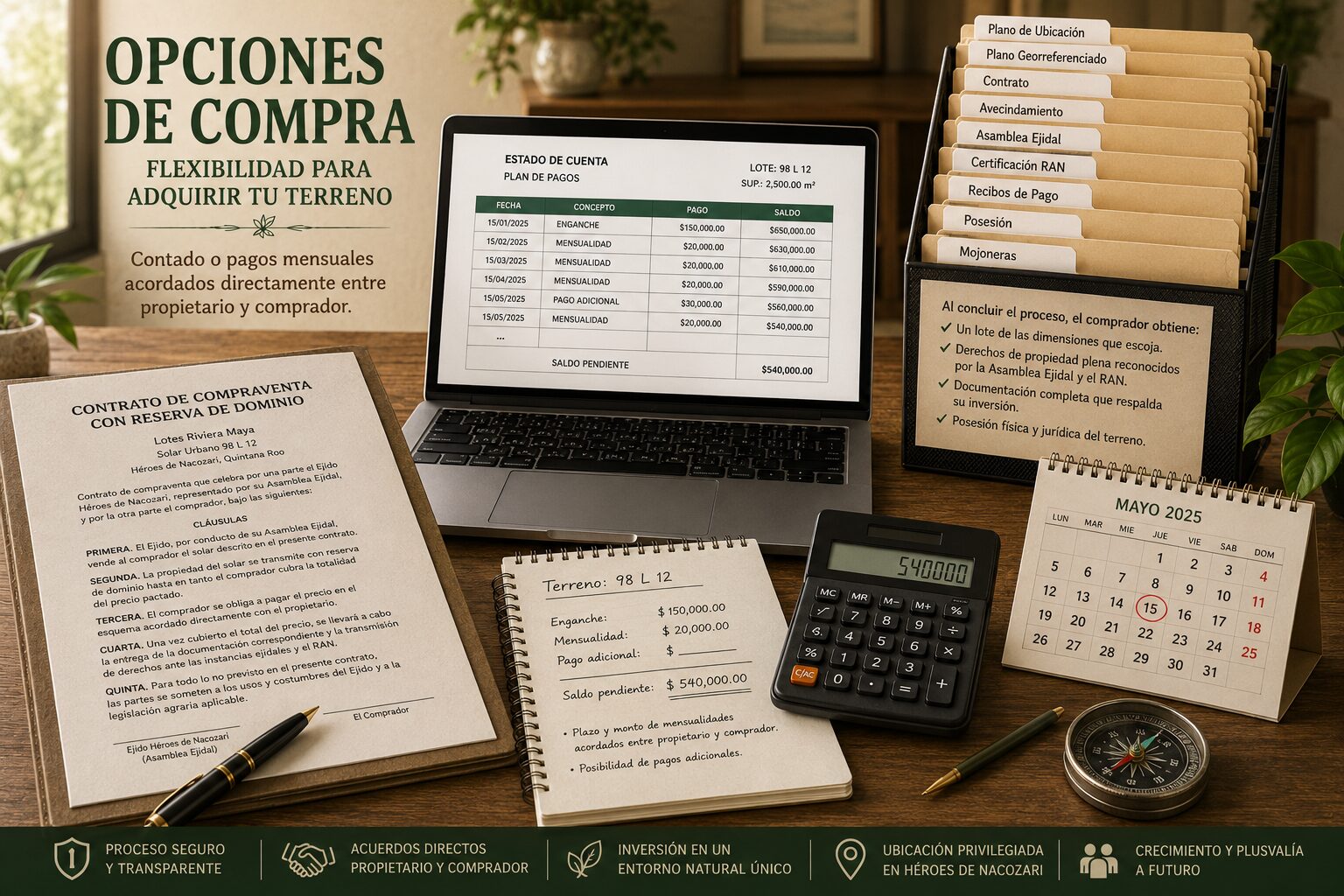 Opciones de compra de terrenos ejidales en Héroes de Nacozari con documentación, contrato, estado de cuenta y proceso de adquisición directo al contado o en pagos, entre propietario y comprador.