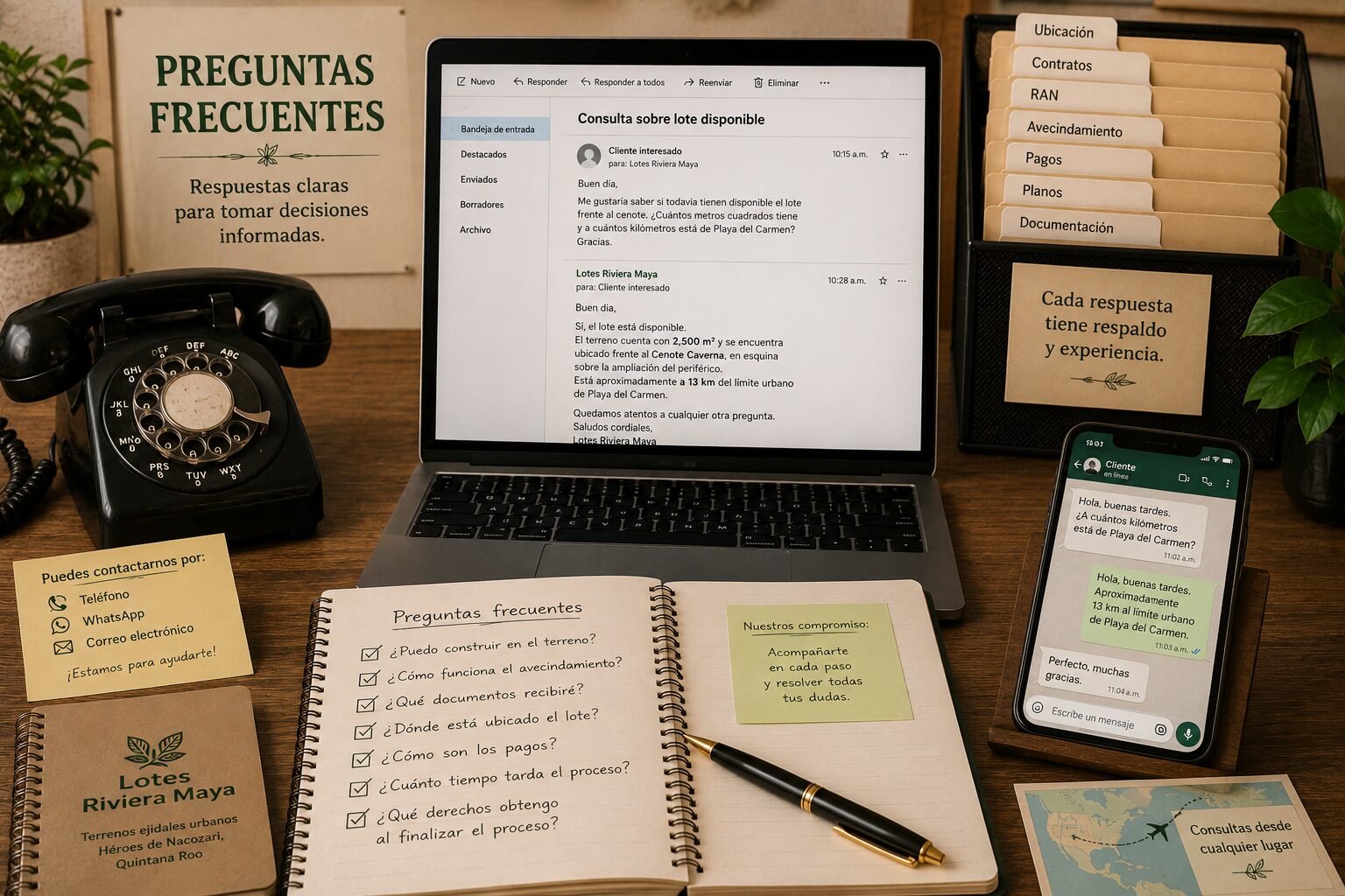 Escritorio de atención al cliente con teléfono, WhatsApp, correo electrónico y documentación para responder preguntas frecuentes sobre terrenos ejidales en Héroes de Nacozari.